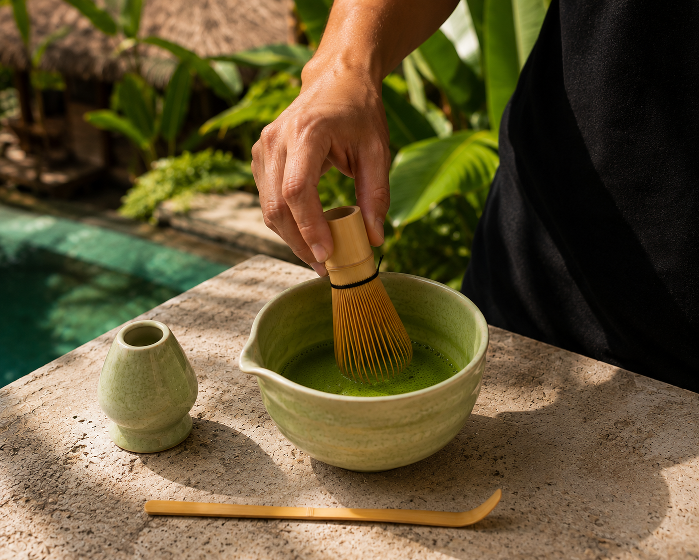 Mãos batendo matcha com o chasen de bambu na tigela verde